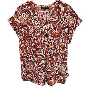 Fred David Womens Retro Boho Paisley Floral Split‎ V-Neck Blouse Brown L 70s